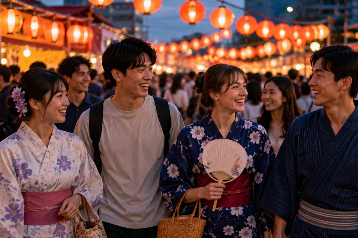 日本の夏祭りを楽しむ愛和外語学院の留学生