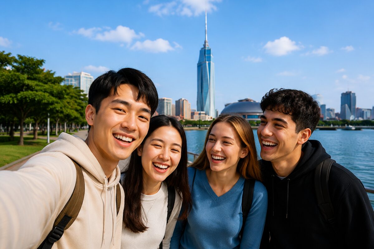 福岡で交流する愛和外語学院の留学生