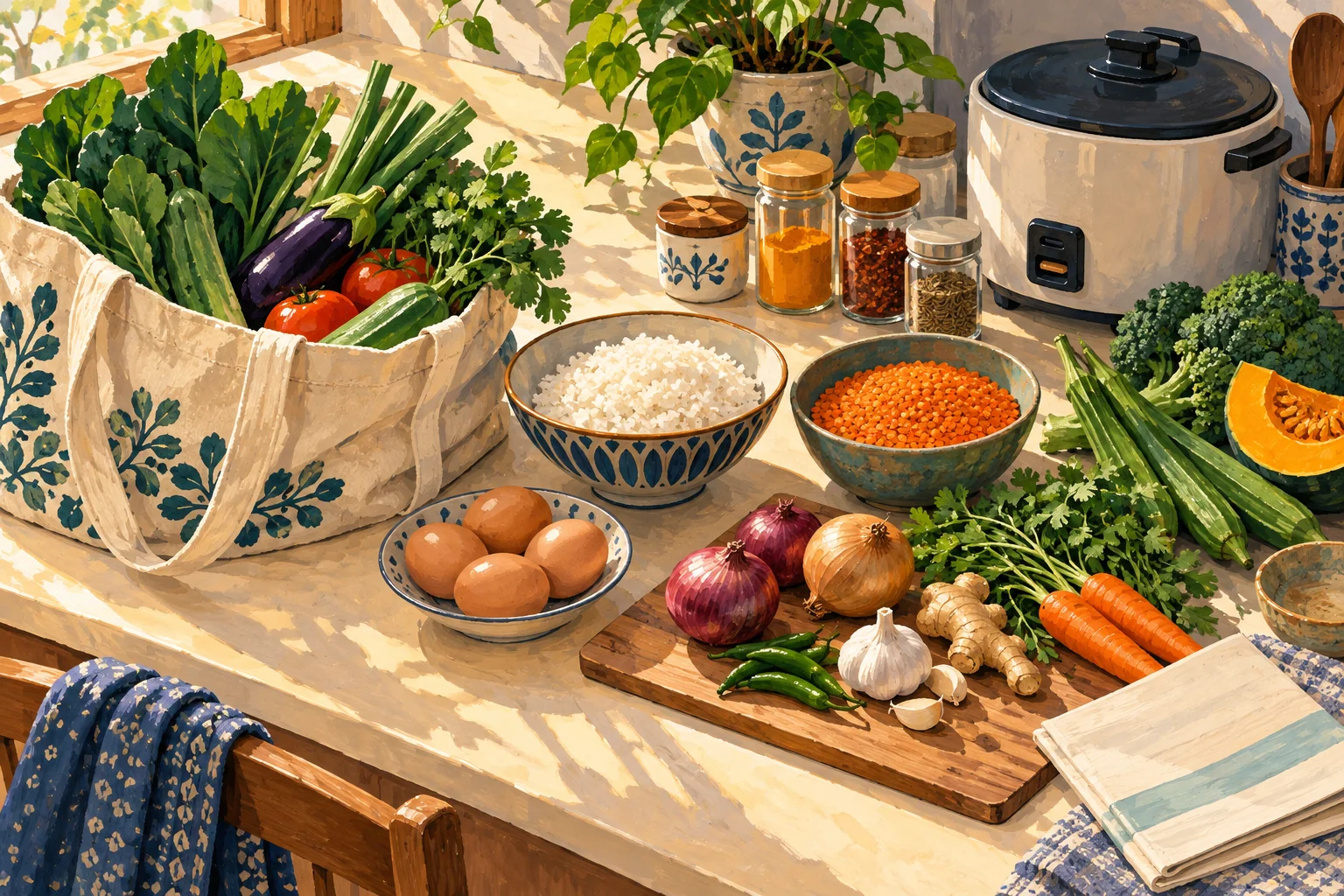 Illustration of rice, lentils, vegetables and a rice cooker for everyday student cooking
