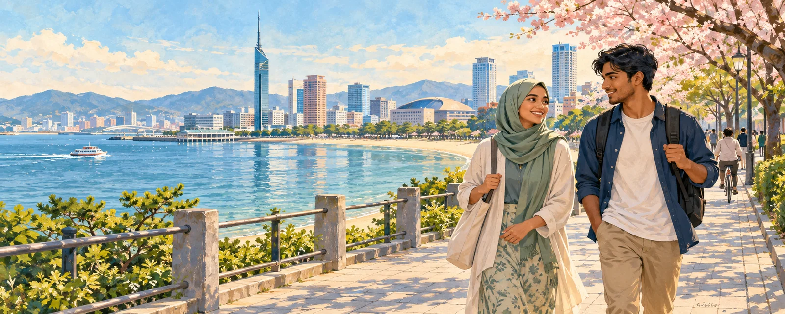 Illustration of Bangladeshi students enjoying Fukuoka's waterfront